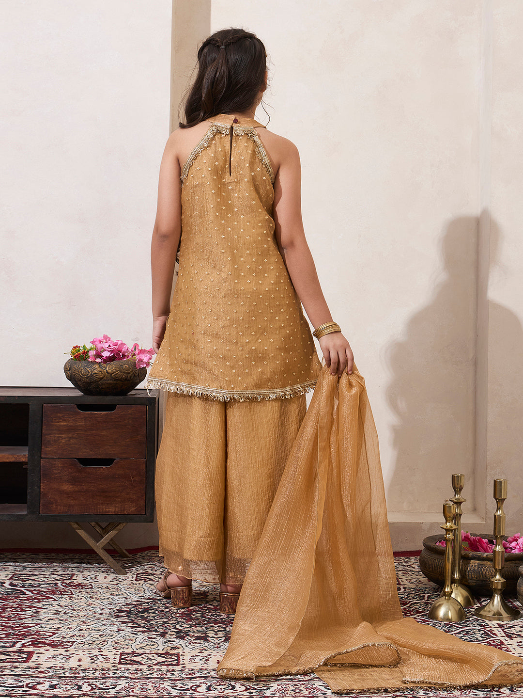 Golden Shimmer Butti Work Halter Neck Kurti & Palazzo With Dupatta