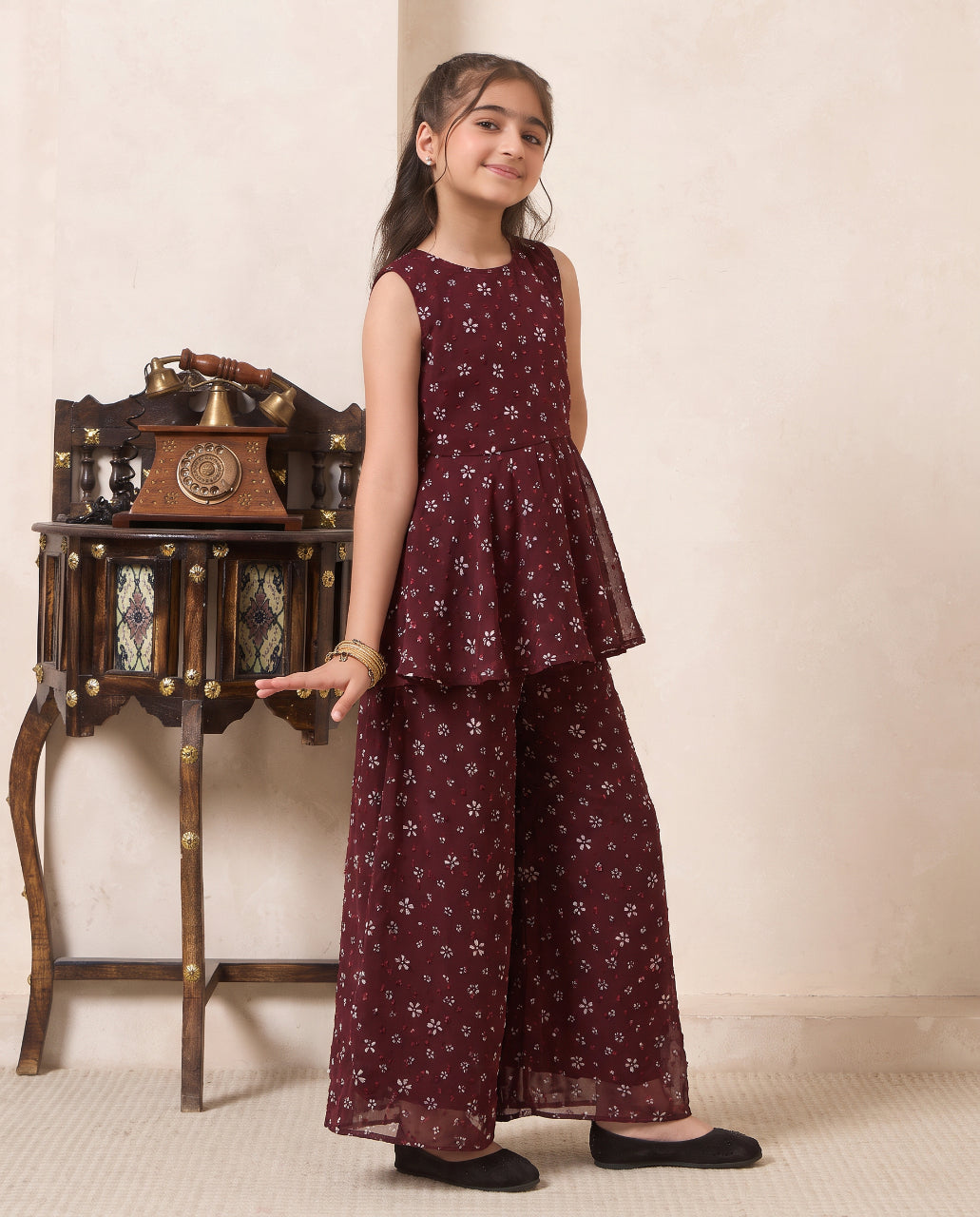 Girl's Wine Floral Print CHiffon Peplum Top & Palazzo Set
