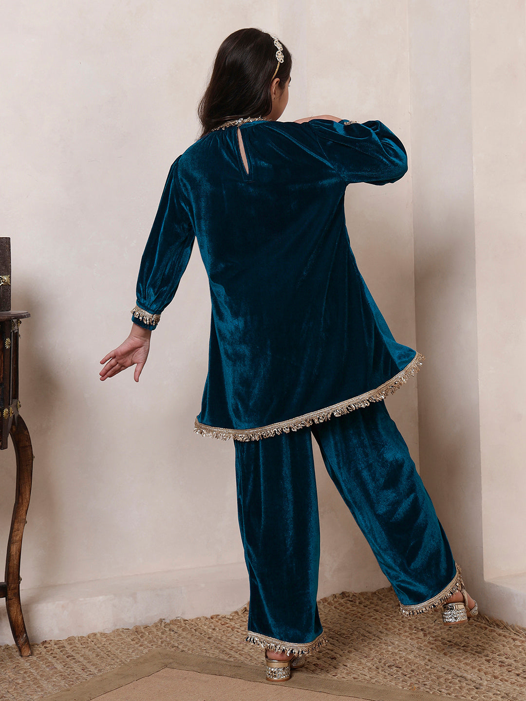 Teal Blue Velvet Band Collar Kurta Set