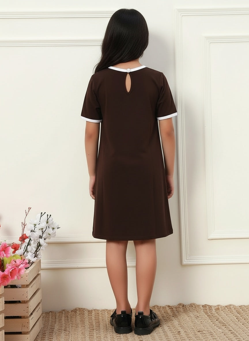 White Big Flower Loose Fit Dark Brown Cotton Dress