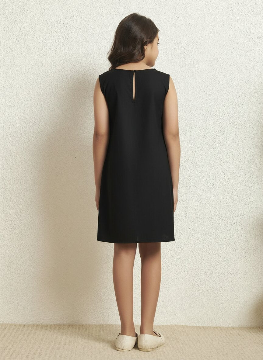 Girl's Black Playful Bunny Cotton Poplin Solid With Stripe A-Line Dress