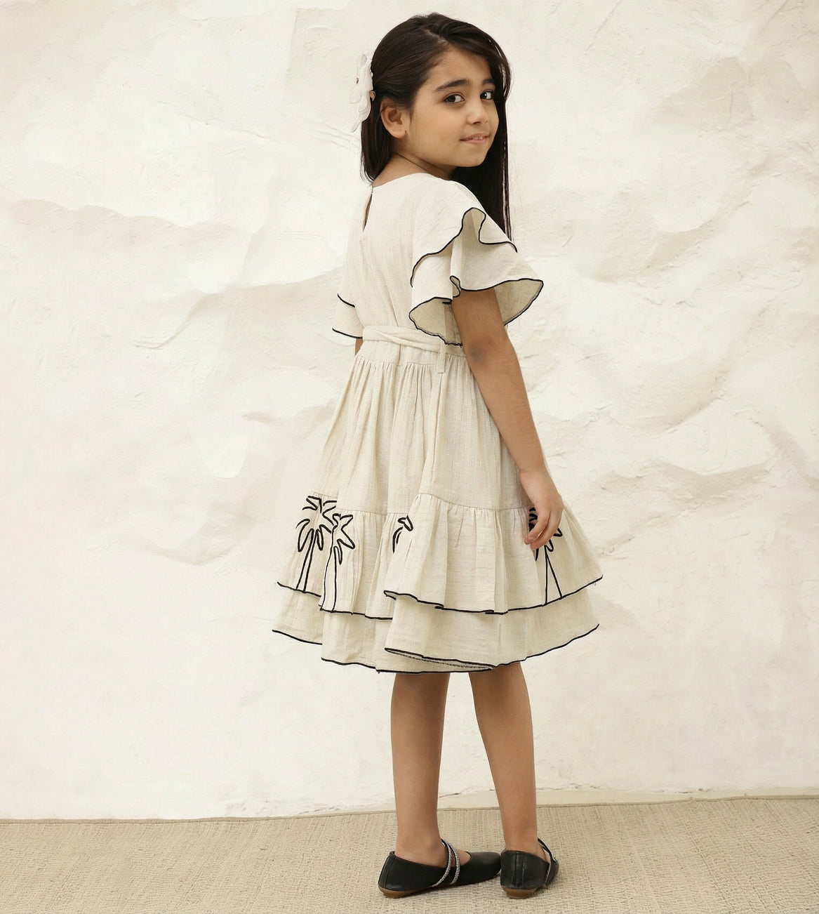 Embroidered Palm Motif Pure Cotton Gauze Dress For Girls