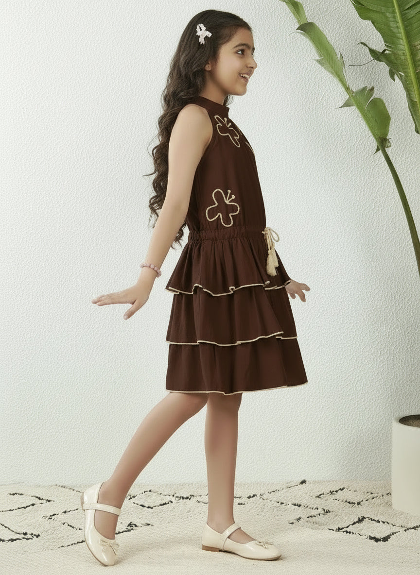 Girls' Brown Cotton Tiered Halter Dress with Butterfly Embroidery and Tassel Detail