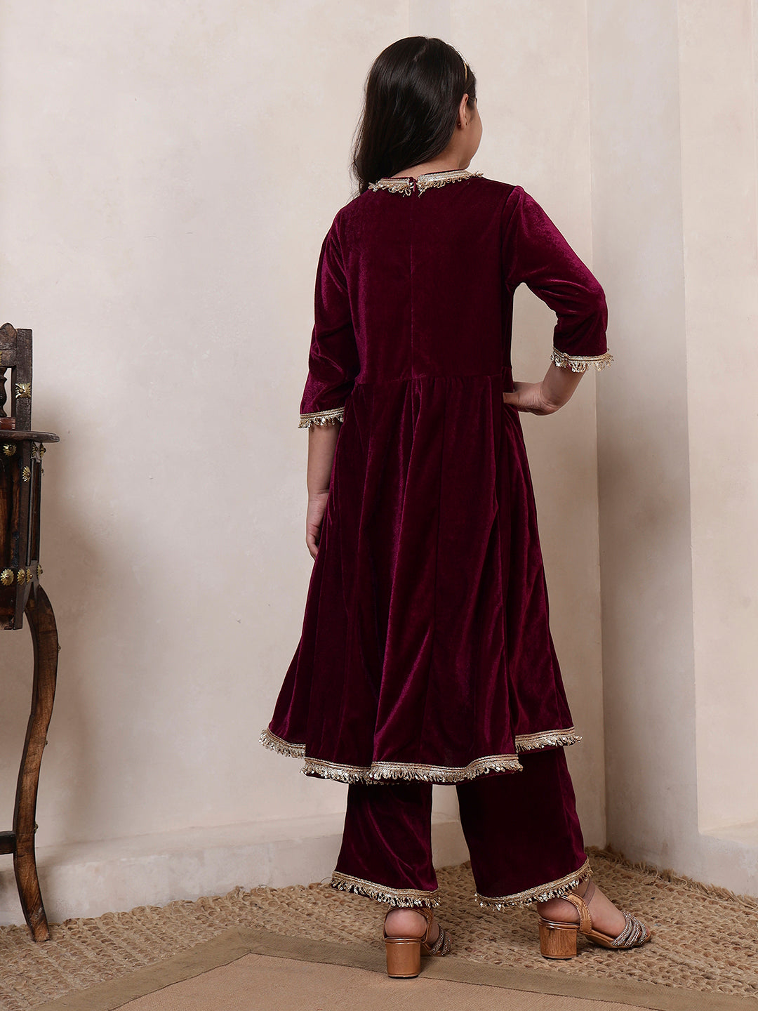 Wine Velvet Kurta Set
