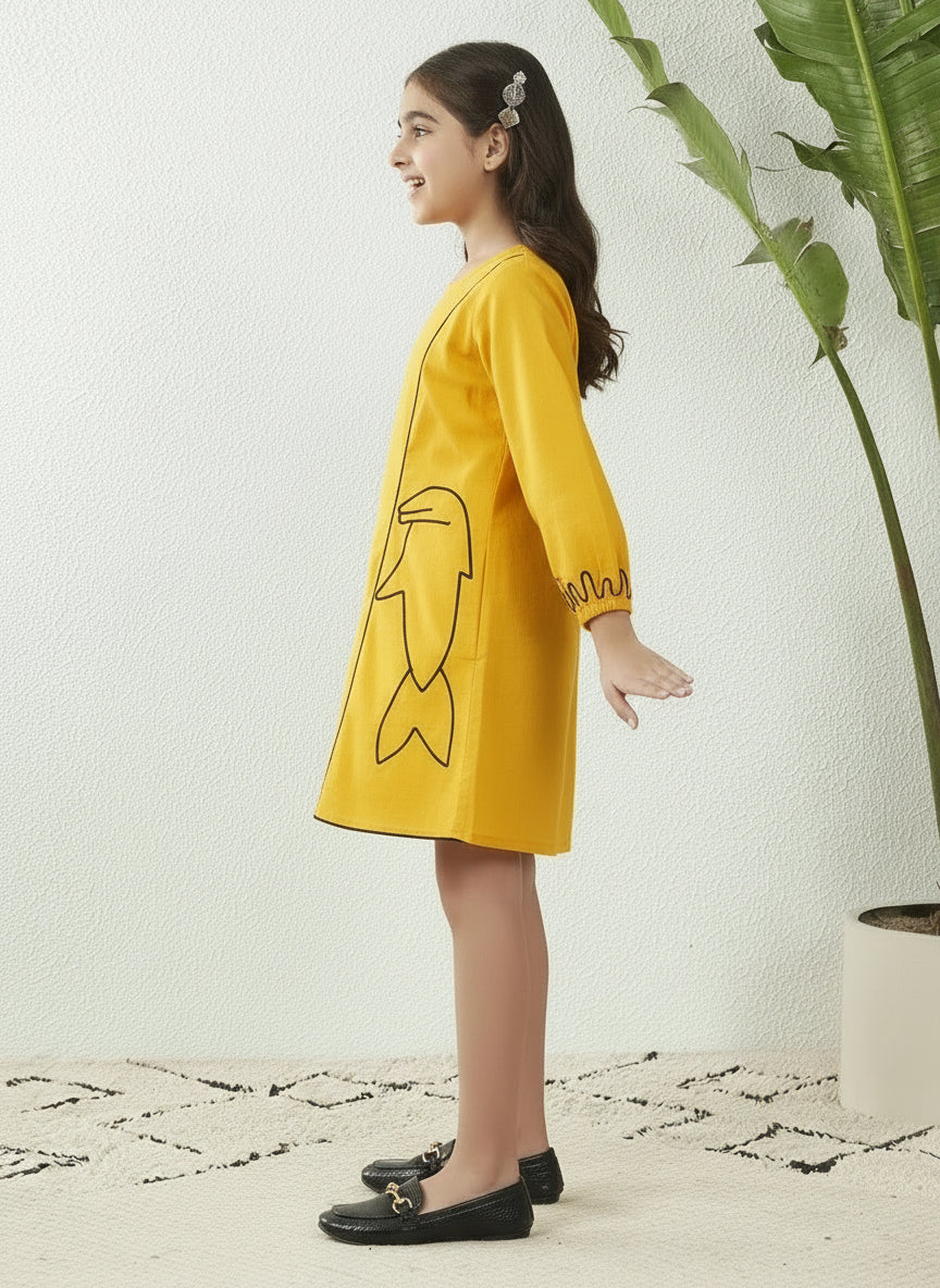 Yellow Cotton Fish Motif Above Knee Length Dress