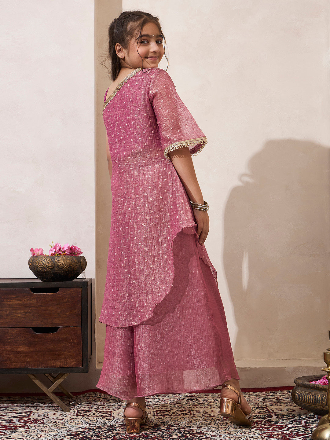 Pink Shimmer One Shoulder Kurta With Palazzo