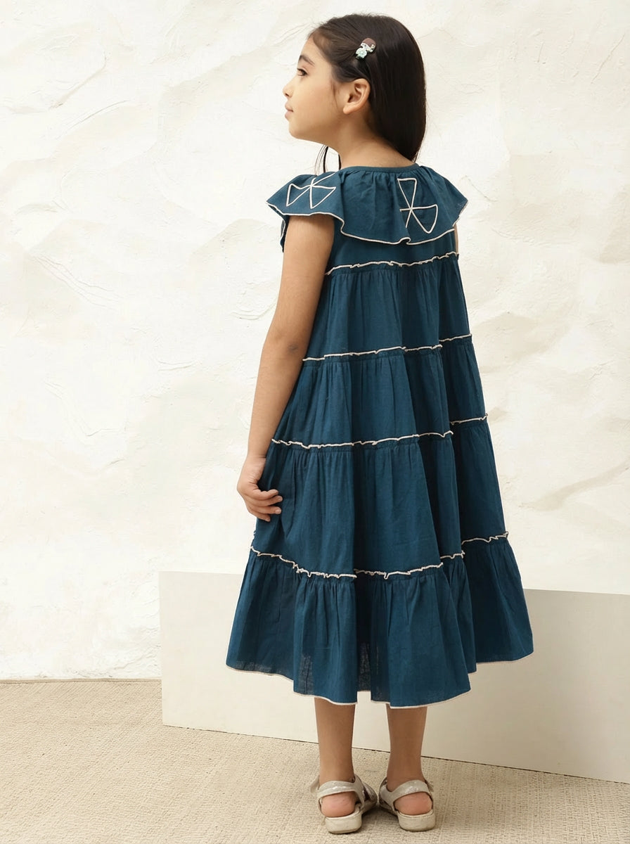 Pure Cotton Teal Embroidered Tiered Dress