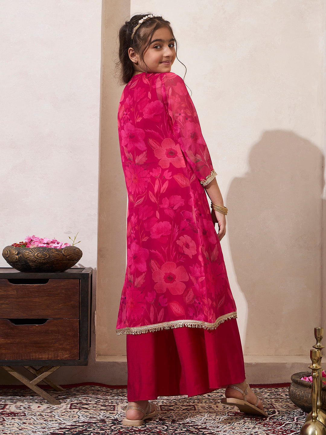 Magenta Floral Print Shrug With Top & Palazzo Set