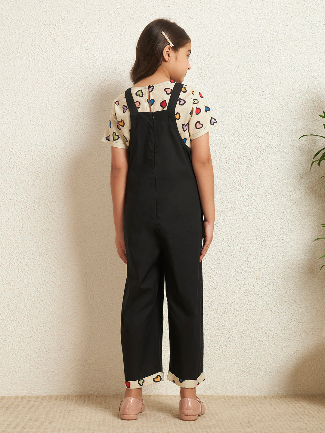 Black Cotton Poplin Jumpsuit With Heart Print Tshirt- 2 Piece Set