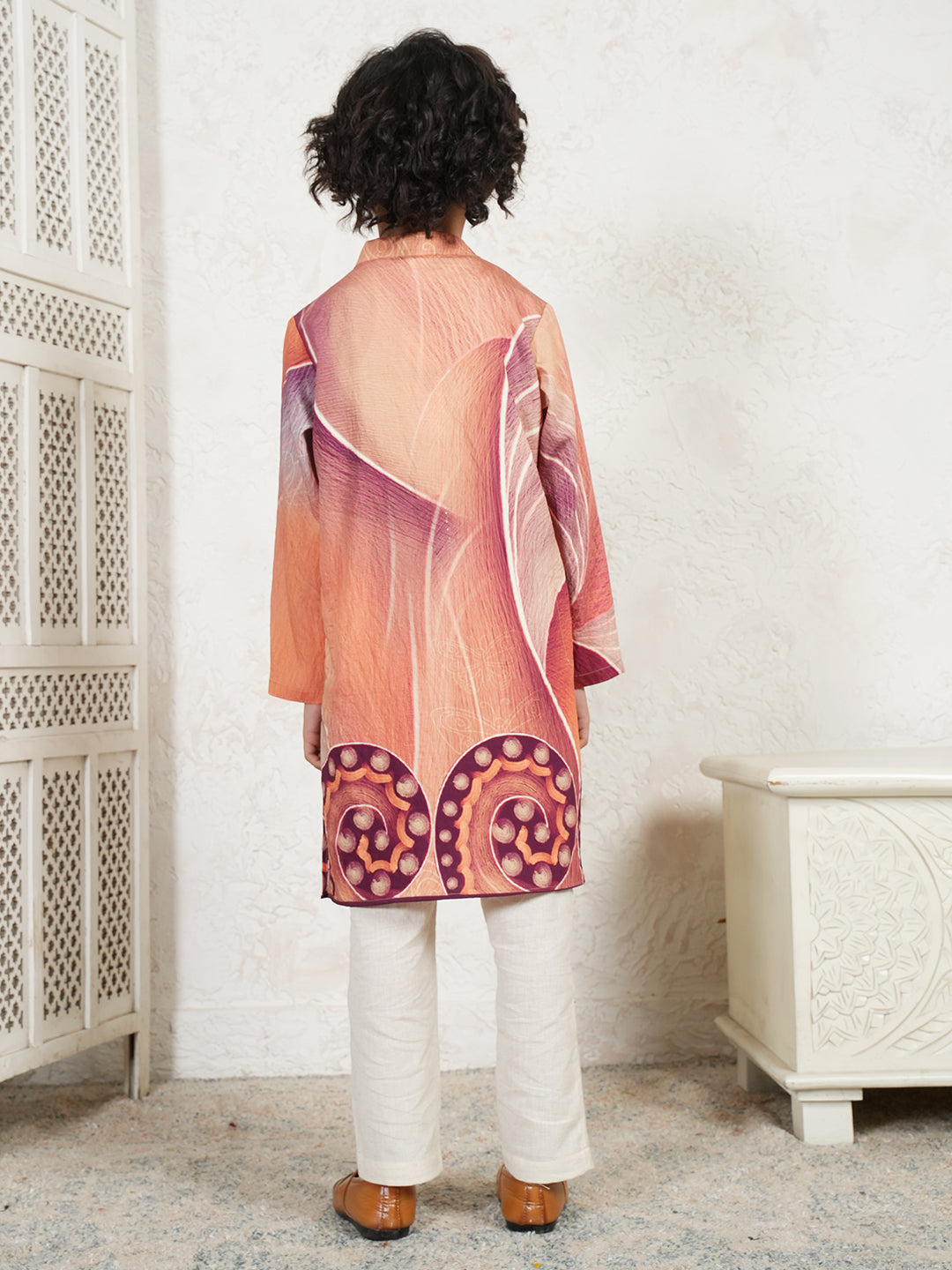 Abstract Print Peach Kurta For Boys