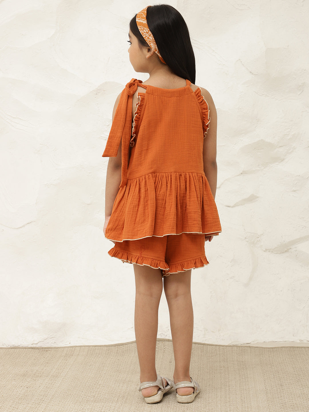 Tan Brown Pure Cotton Halter Neck Peplum Top & Shorts