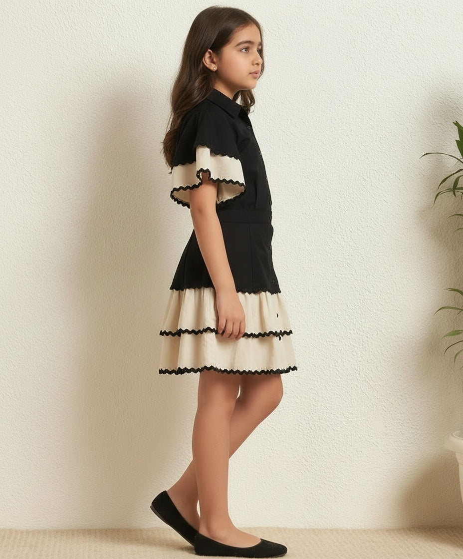 Border Lace Solid Shirt With Layered Skirt Girls Co-ord Set