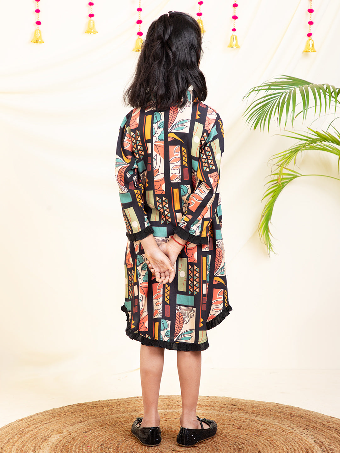 Abstract Printed Girls Shirt Dress With Frill
