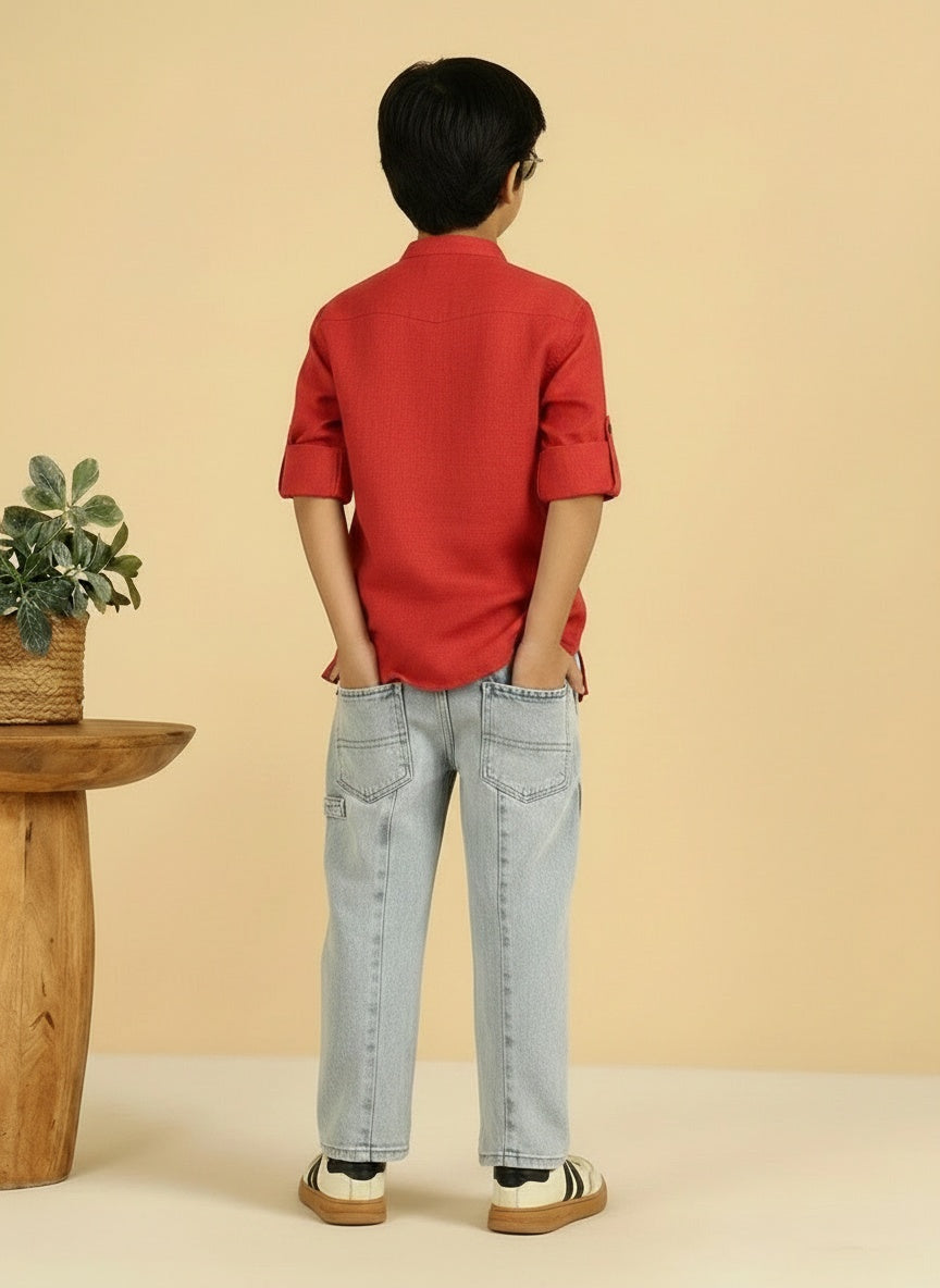 Red Color Cotton Calf Length Kurta For Boys