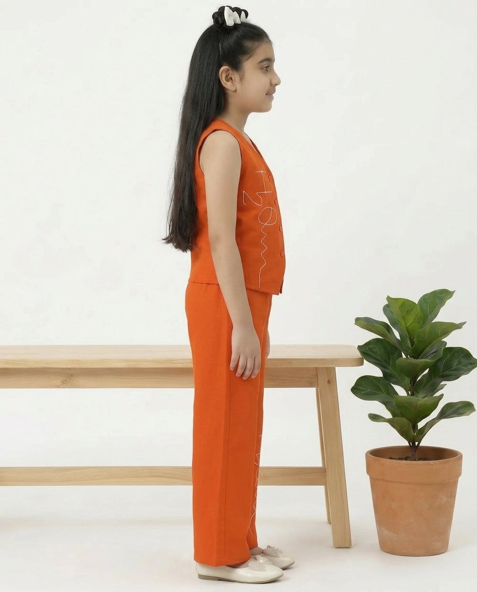 Orange Cotton  V-Neck Embroidered Waistcoat With Palazzo Co-ord Set For Girls