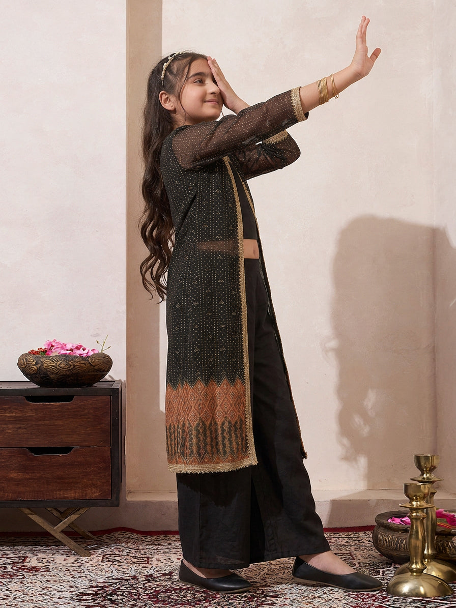 Black Chiffon Bandhani Boder Shrug With Top & Palazzo Set