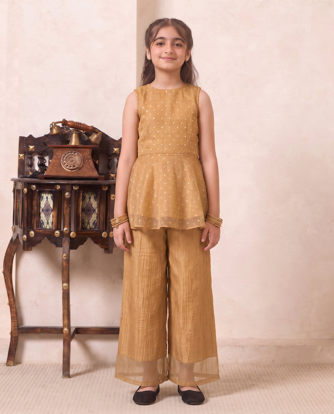 Girl's Golden Solid Shimmer Butta Peplum Top & Palazzo Set