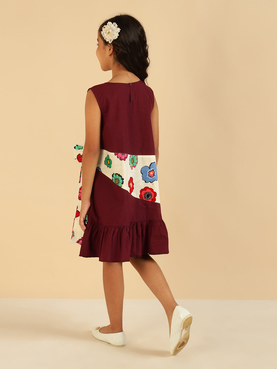 Wine With Floral Printed Bow Style Girls Dress