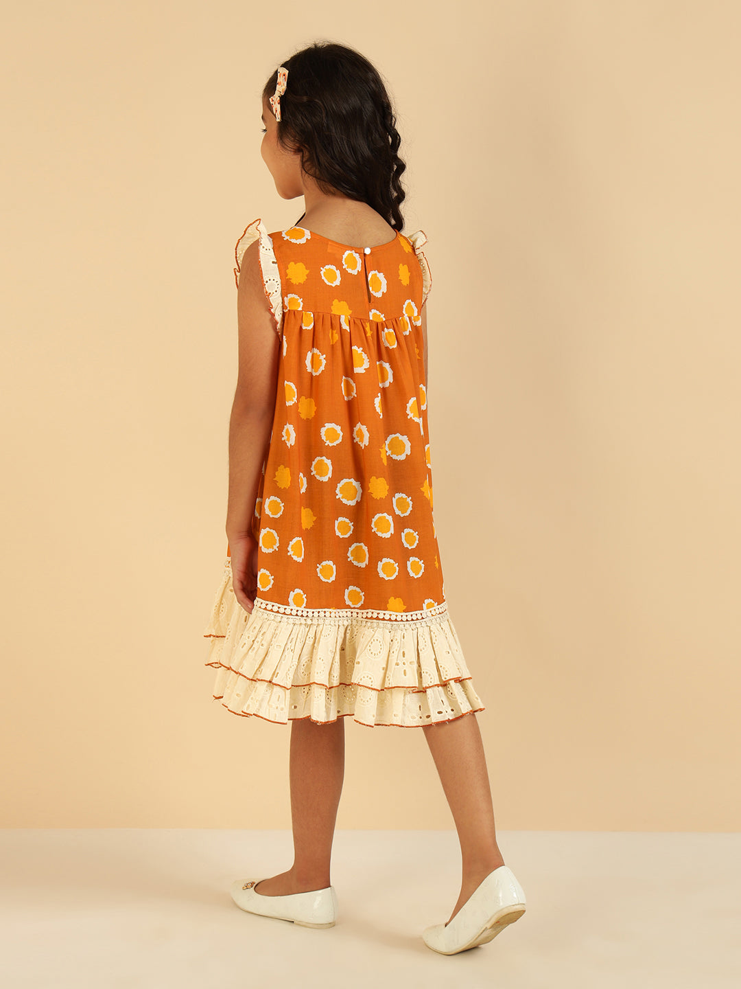 Schiffli Embroidered With Tan Brown Printed Tiered Layered Girls Dress