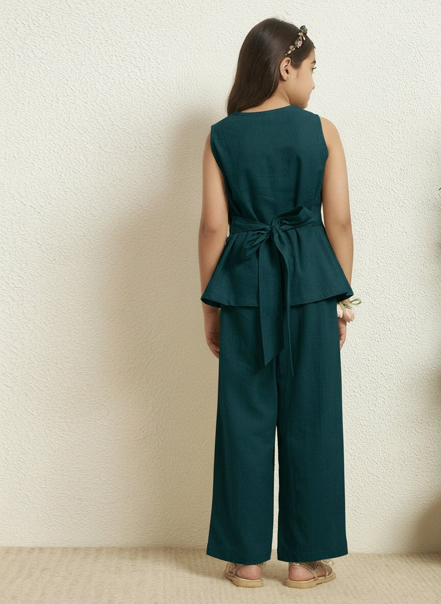 Girls Teal Blue Cotton Blazer With Pant Co-Ord Set