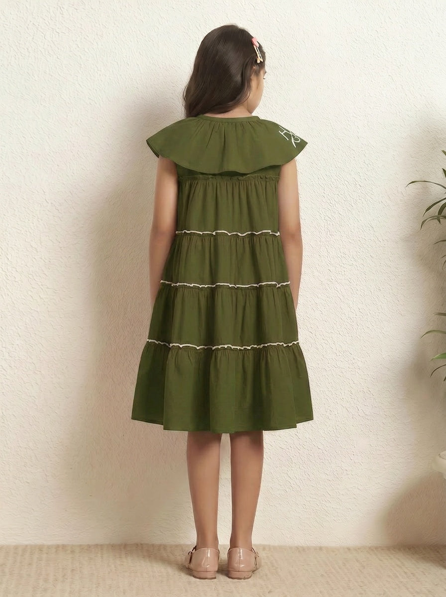 Sea Green Cotton Round Neck Shirt Style Above Knee Length Dress For Girls