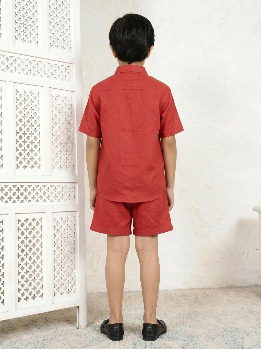Red Cotton Printed Shirt Collar Shirt With Shorts Co-ord Set