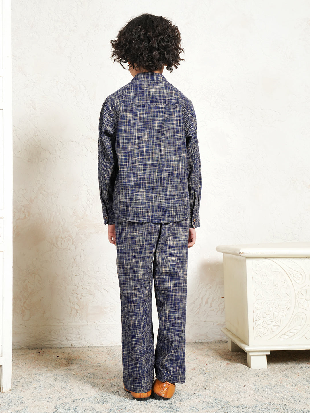 Navy Blue Pure Cotton Handloom Cotton Co-Ord Set For Boys