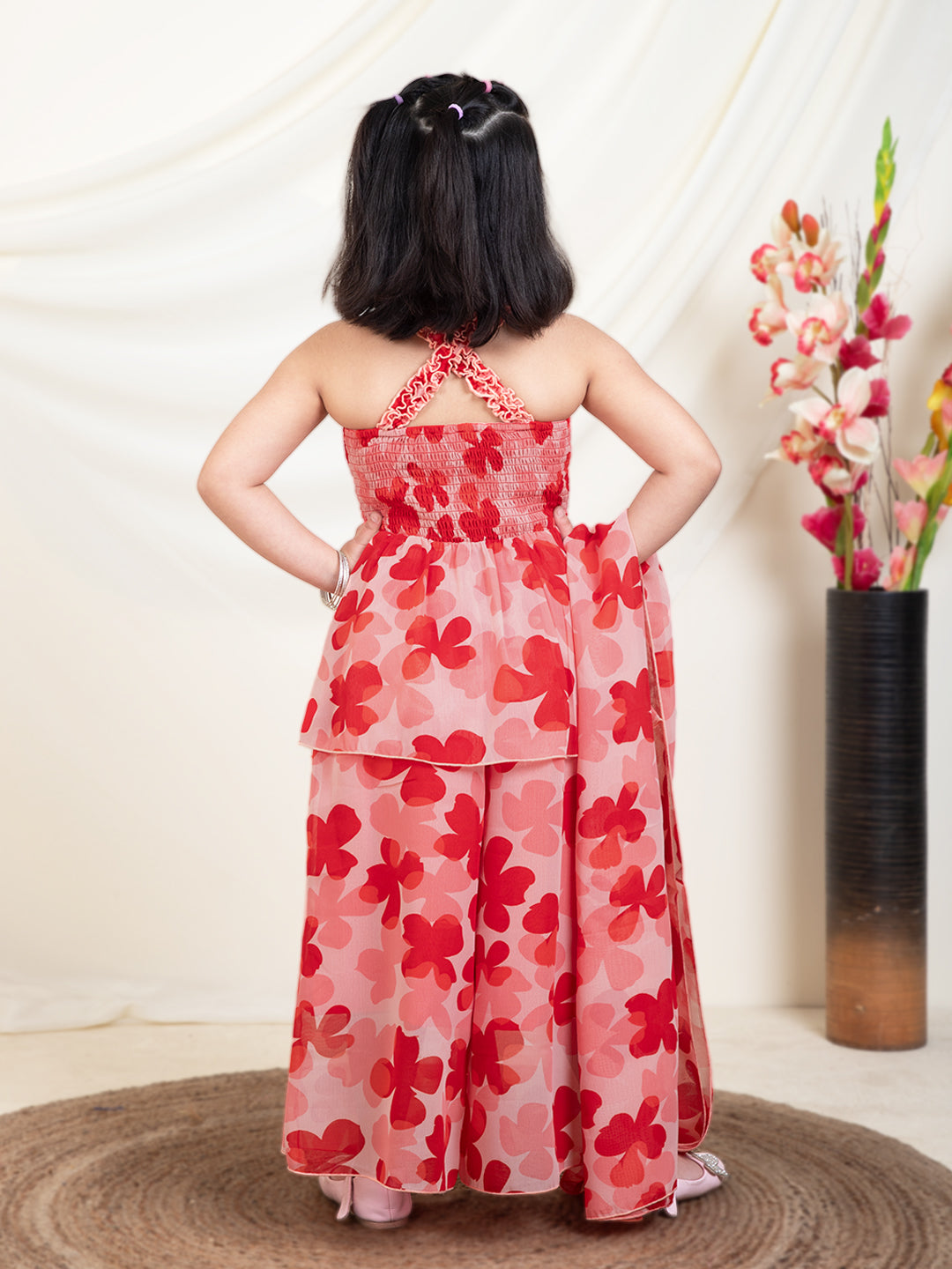 Floral Print Peplum Top & Circular Palazzos With Dupatta