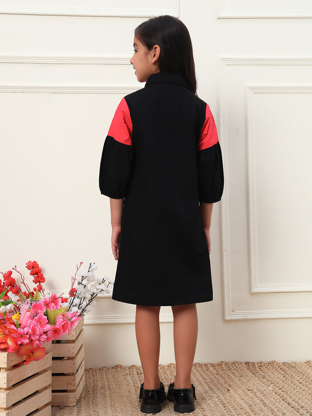 Black & Pink Colorblock Gathered Dress