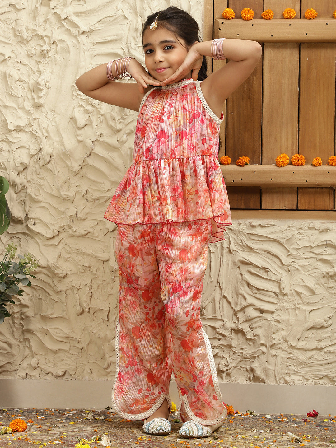 Halter Neck Pure Georgette Peplum Top With Slit Pants