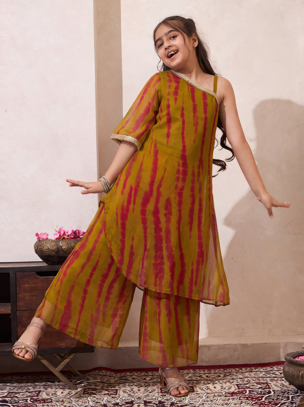 Multicolor Tie Dye Chiffon One Shoulder Kurta With Palazzo