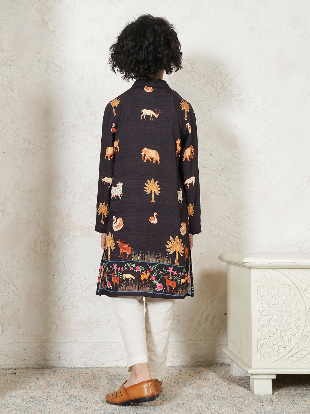 Animal Print Charcoal Black Kurta For Boys