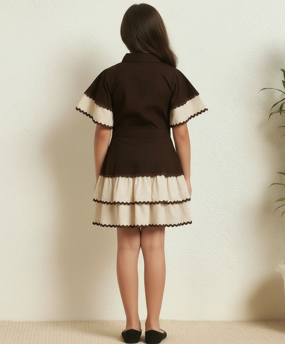 Border Lace Solid Shirt With Layered Skirt Girls Co-ord Set
