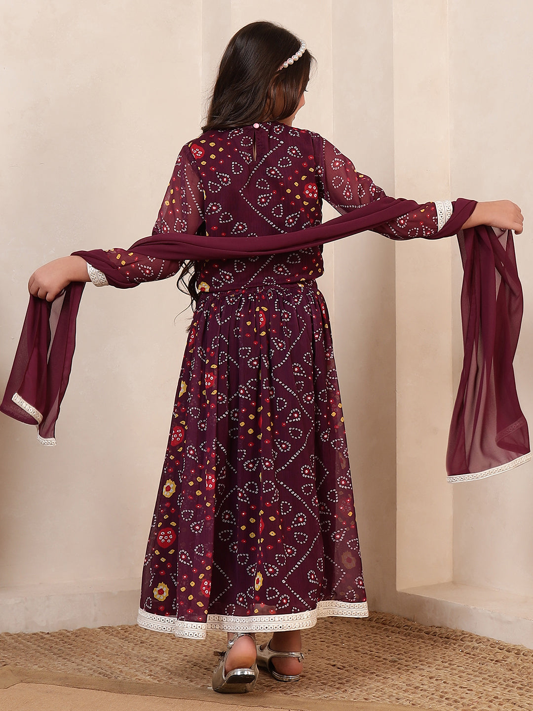 Wine Bandhani 3 Pieces Co-Ord Set