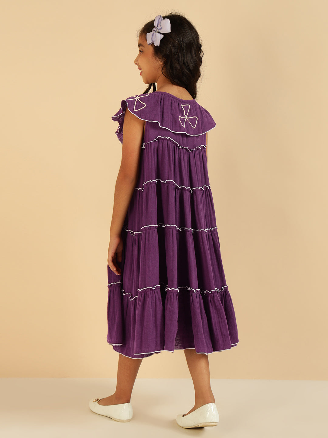 Purple Embroidered Tiered Girls Dress