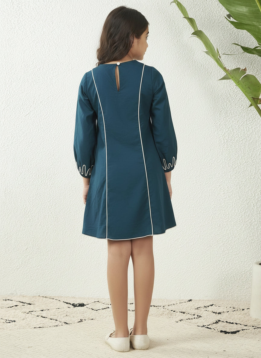 Fish Motif Teal Brown Cotton Panel Dress