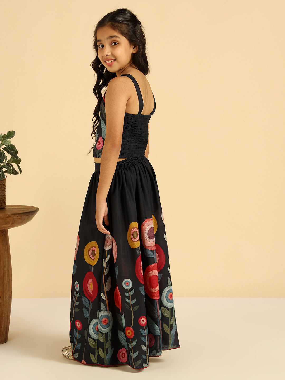 Black Floral Top With Skirt Indo Western Girls Co-Ord Set