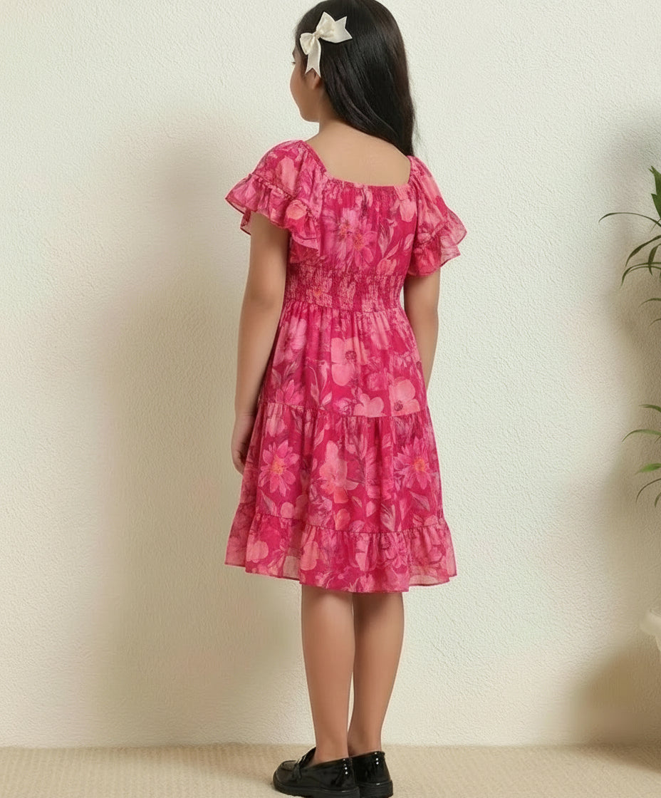 Magenta Tiered Dress For Kids
