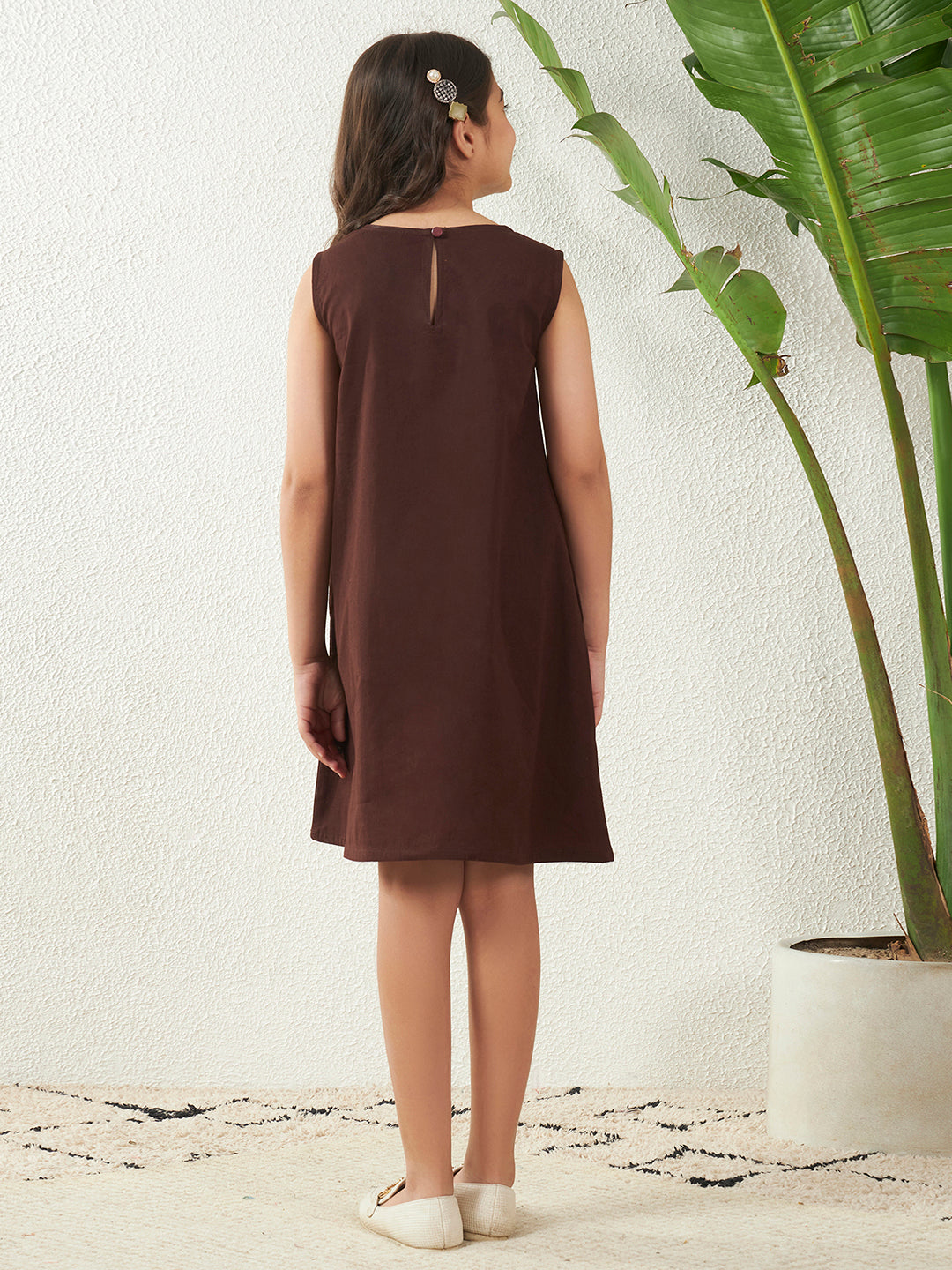 Brown Playful Bunny Cotton A-Line Dress