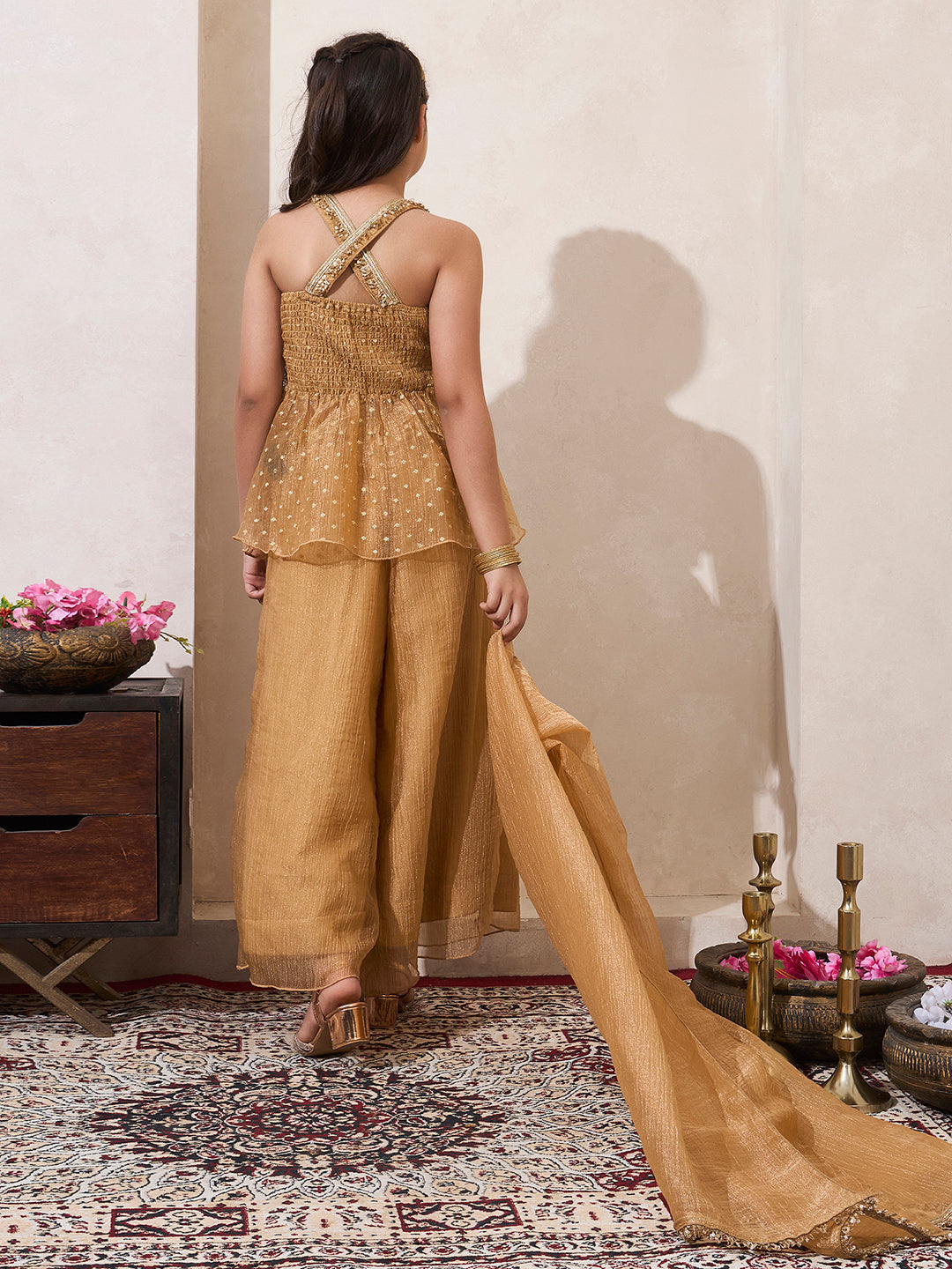 Golden Shimmer Butti Work Peplum Top & Palazzo With Dupatta