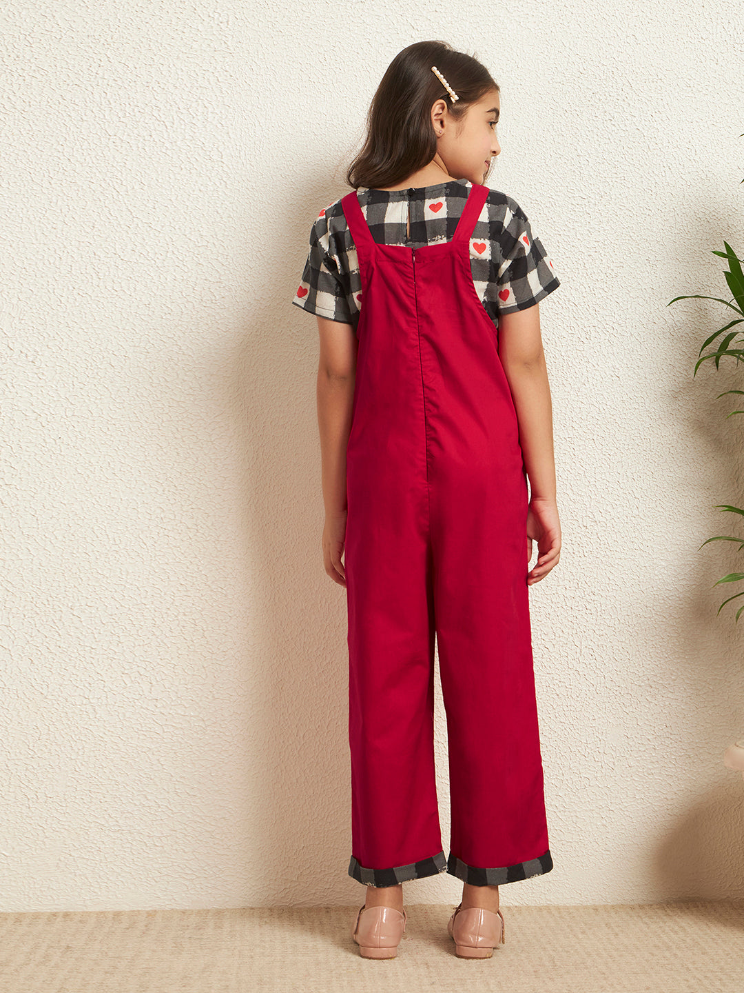 Red Cotton Poplin Heart Print Check With Solid Pattern Girl's Jumpsuit Set
