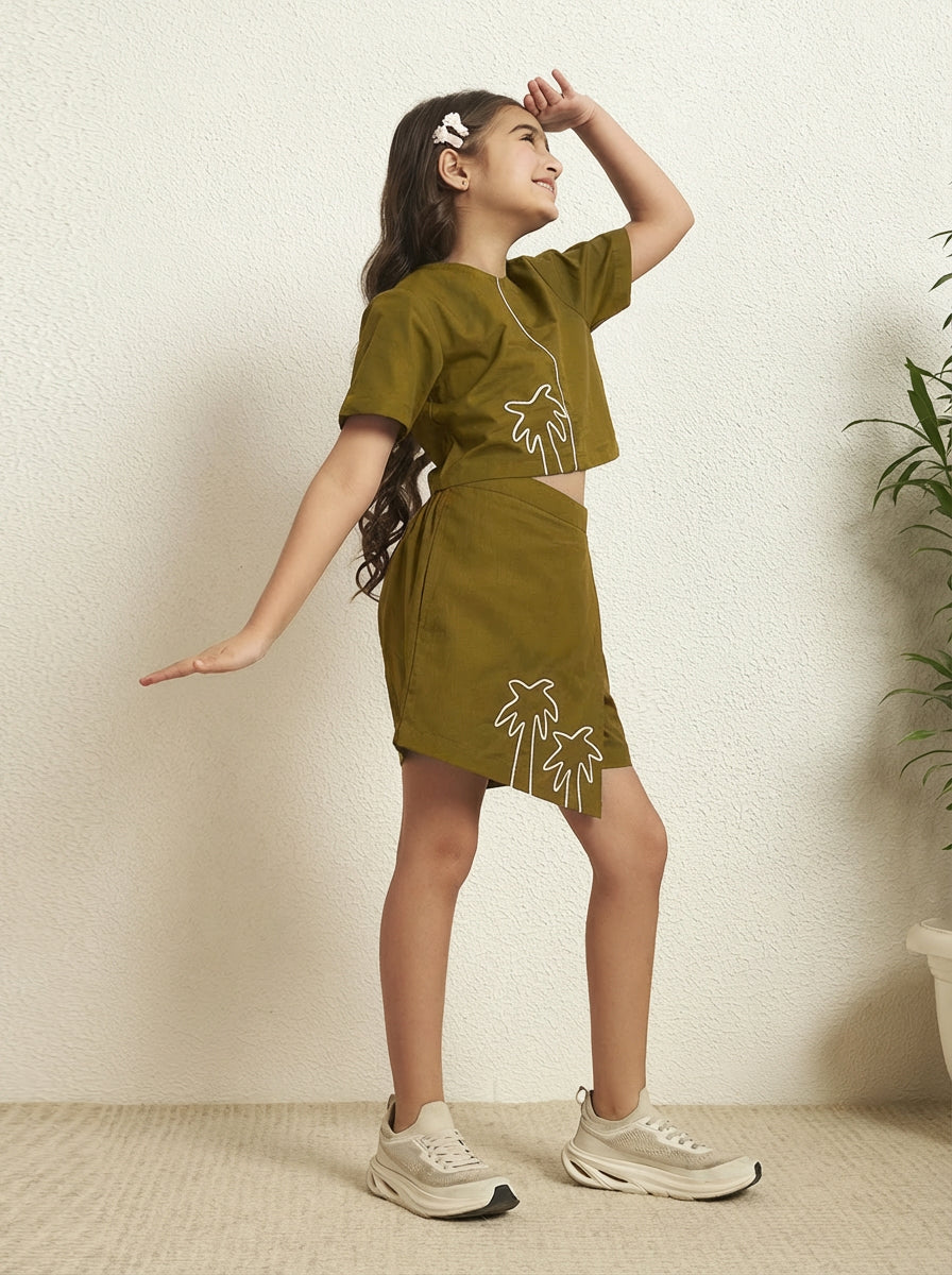 Olive Green Cotton Poplin Solid Round Neck Girls Co-Ord Set