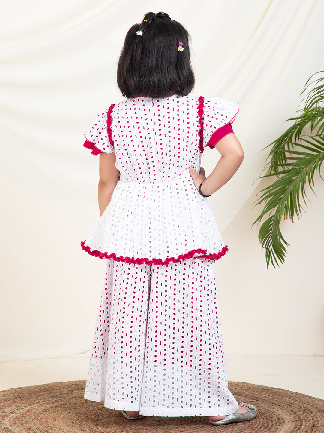 Embroidered Schiffli Peplum Top With Palazzo