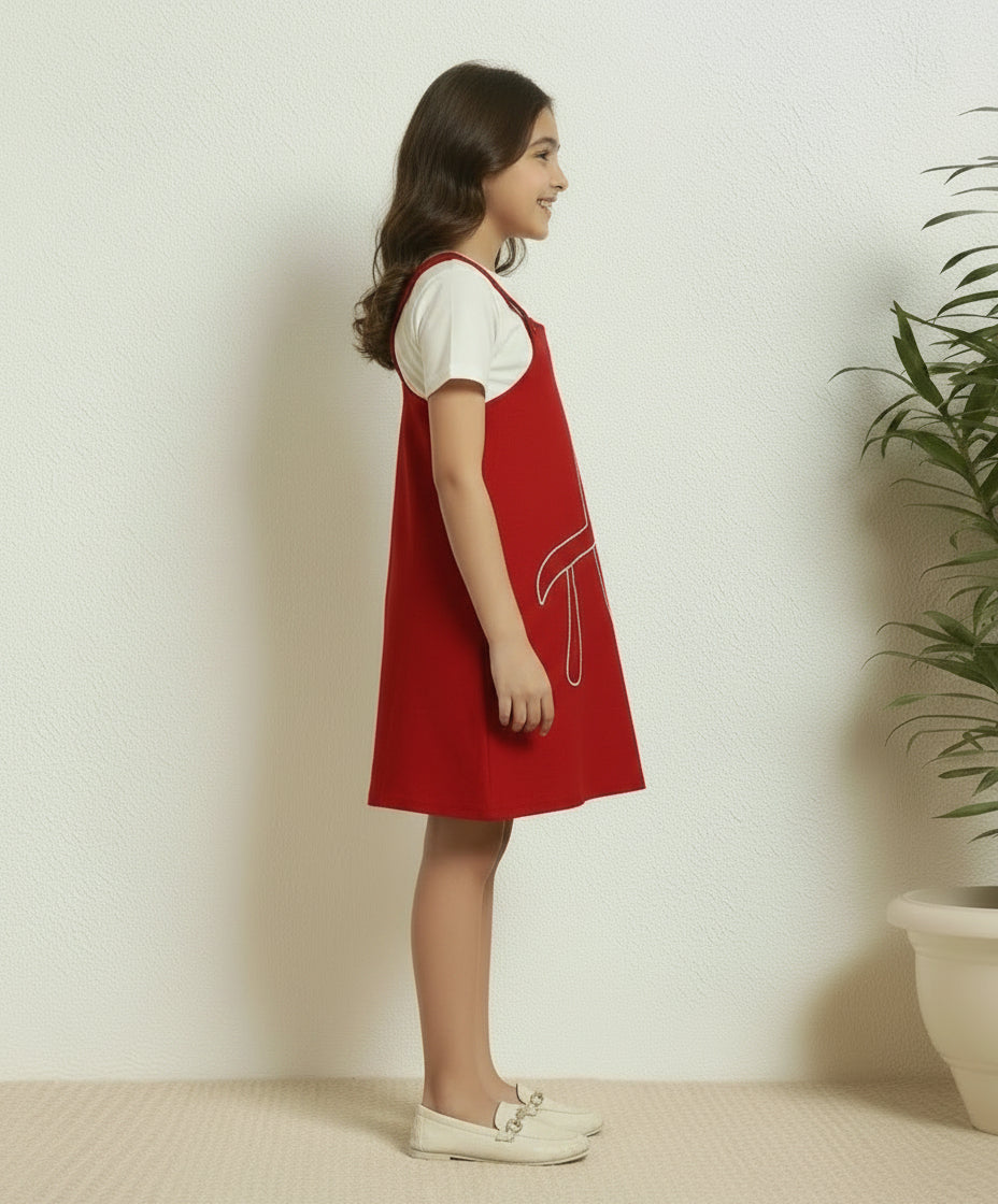 SHORT TOP WITH KNEE-LENGTH DUNGAREE DRESS