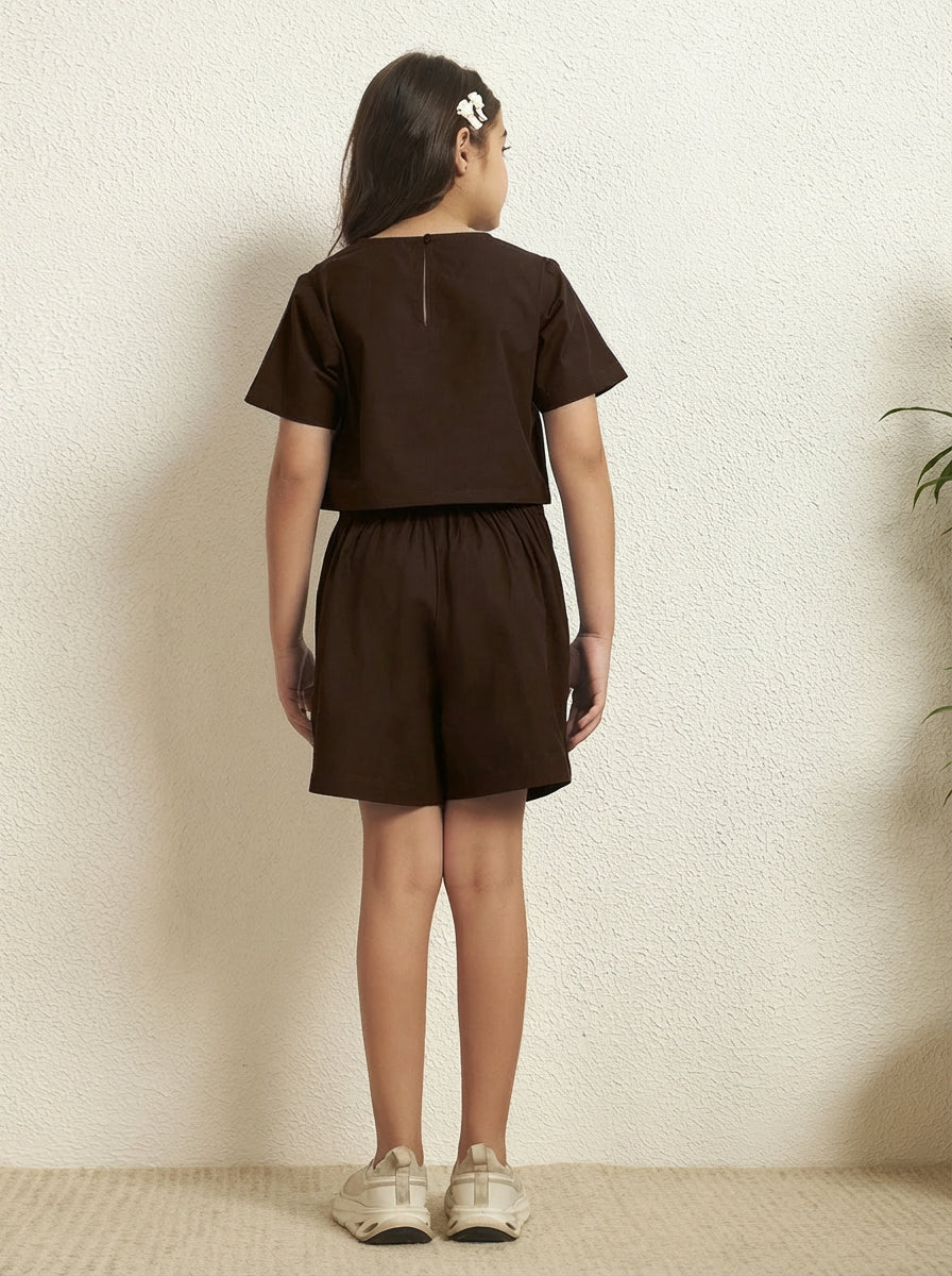 Brown Cotton Poplin Solid Round Neck Girls Co-Ord Set