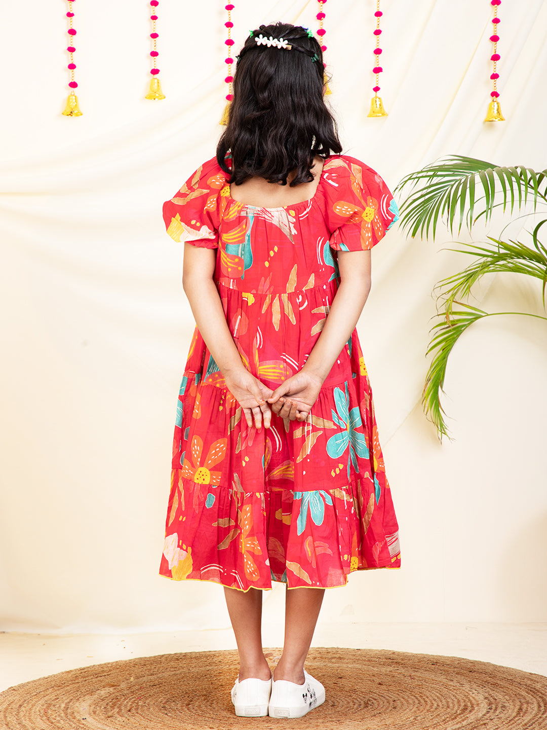 Leaf Printed Tiered Girls Dress