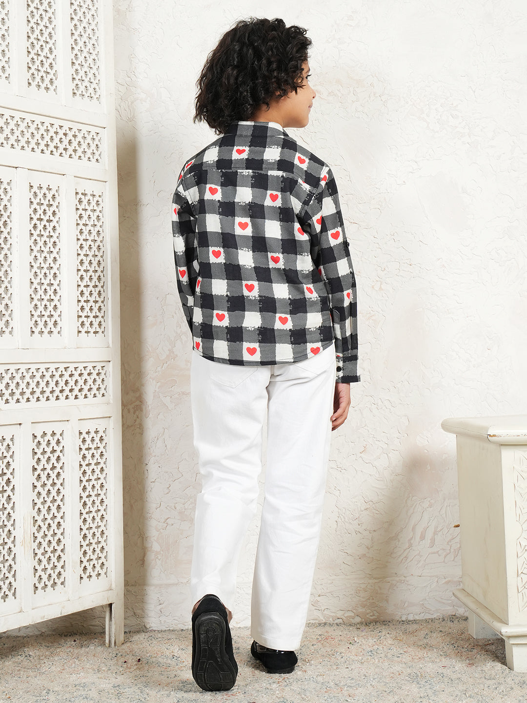 Heart Print Check Kurta For Boys