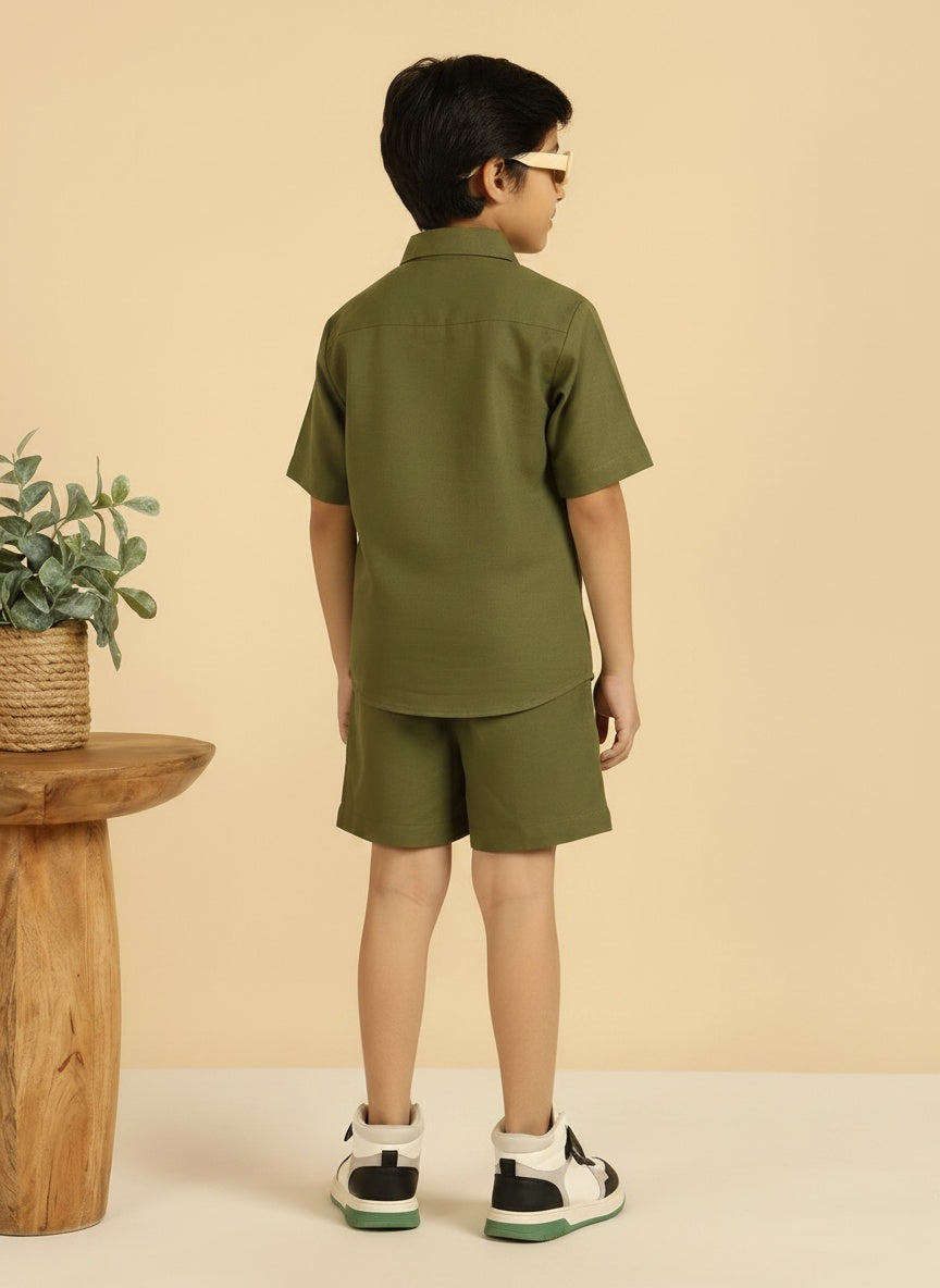 Olive Green Cotton Shirt Collar Solid Green Cotton Shirt With Shorts