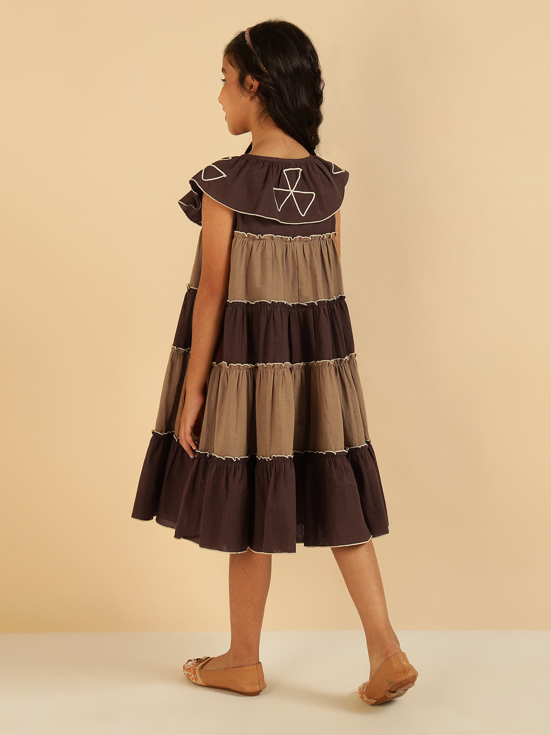 Pure Cotton Colorblock Embroidered Tiered Girls Dress