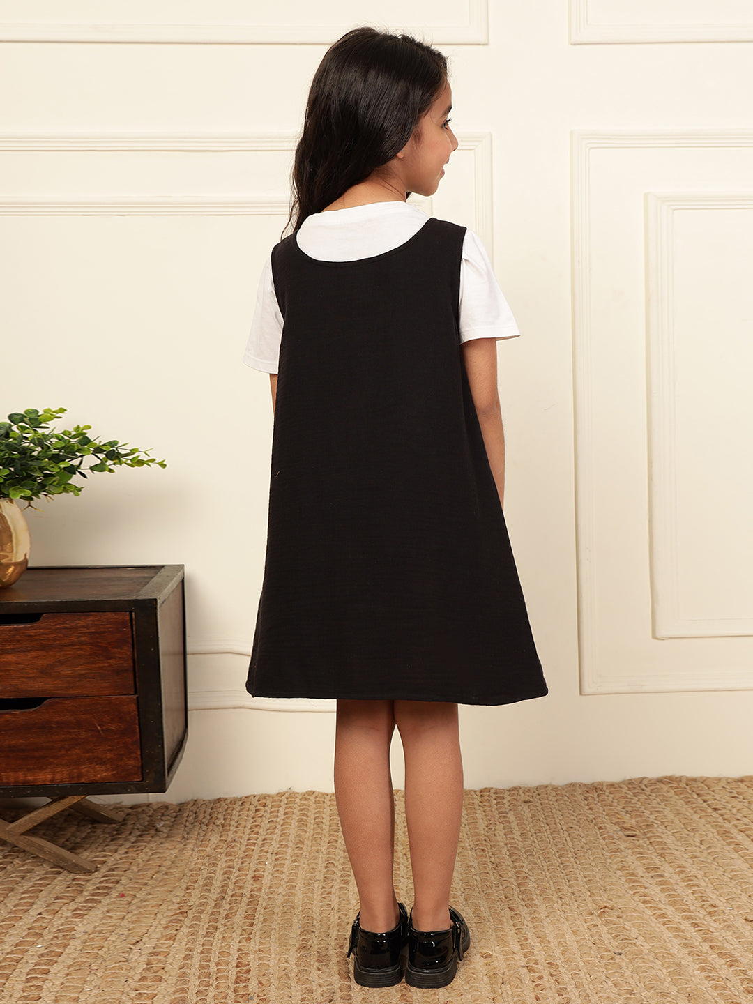 Black Cotton Gauze Dungaree Shirt Dress For Girls